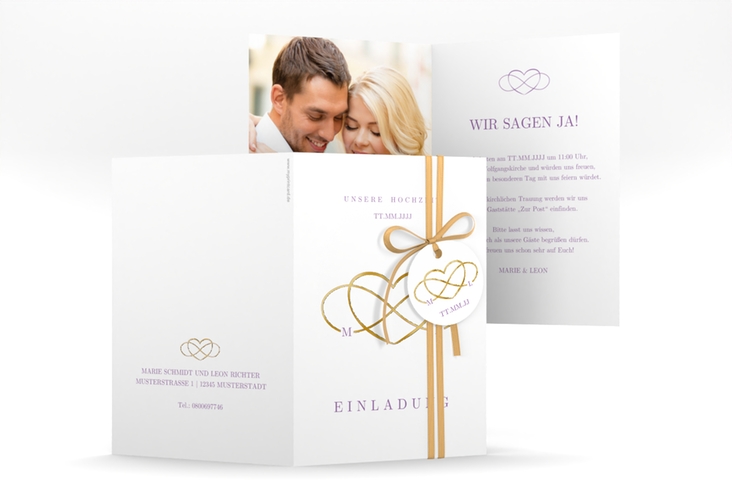 Einladungskarte Hochzeit Infinity A6 Klappkarte hoch lila gold