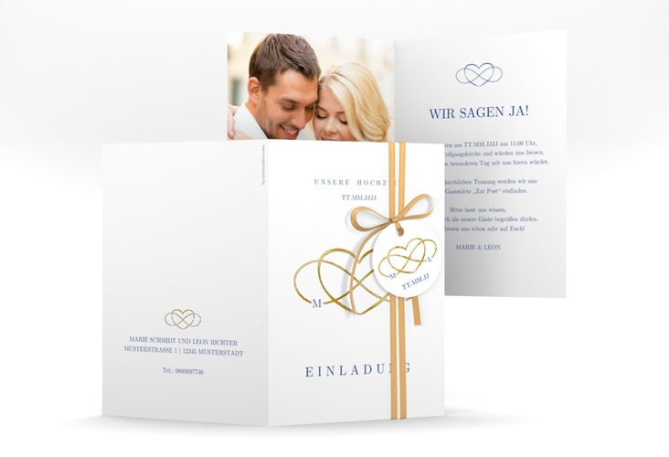 Einladungskarte Hochzeit Infinity A6 Klappkarte hoch blau gold