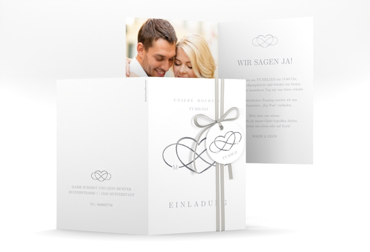 Einladungskarte Hochzeit Infinity A6 Klappkarte hoch grau silber