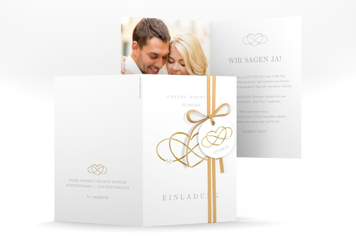 Einladungskarte Hochzeit Infinity A6 Klappkarte hoch grau gold