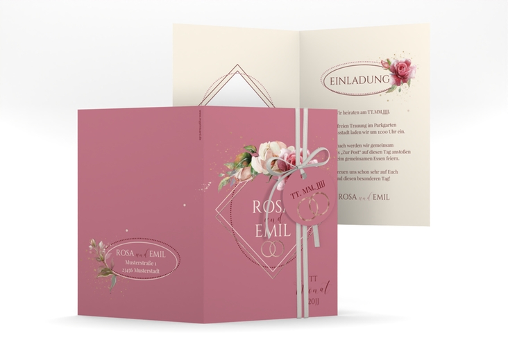 Einladungskarte Hochzeit Rosenbogen A6 Klappkarte hoch rosa rosegold