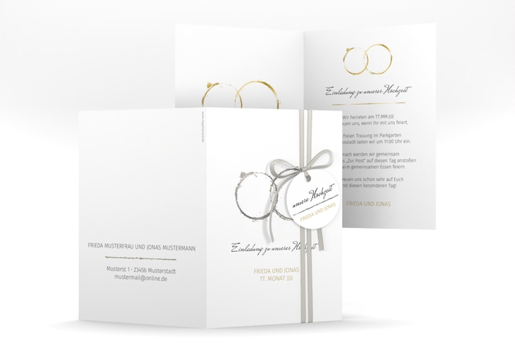 Einladungskarte Hochzeit Trauringe A6 Klappkarte hoch gold silber minimalistisch gestaltet mit zwei Eheringen