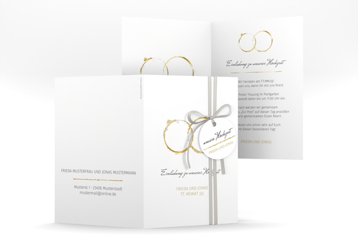 Einladungskarte Hochzeit Trauringe A6 Klappkarte hoch gold gold minimalistisch gestaltet mit zwei Eheringen