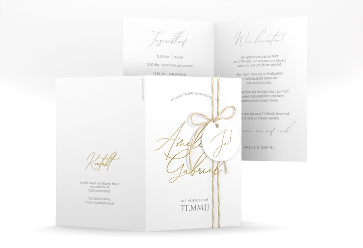 Einladungskarte Hochzeit Federschrift A6 Klappkarte hoch weiss gold in schlichtem Design mit Kalligrafie