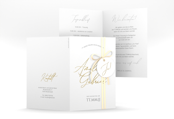 Einladungskarte Hochzeit Federschrift A6 Klappkarte hoch weiss gold in schlichtem Design mit Kalligrafie