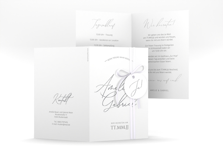 Einladungskarte Hochzeit Federschrift A6 Klappkarte hoch weiss silber in schlichtem Design mit Kalligrafie