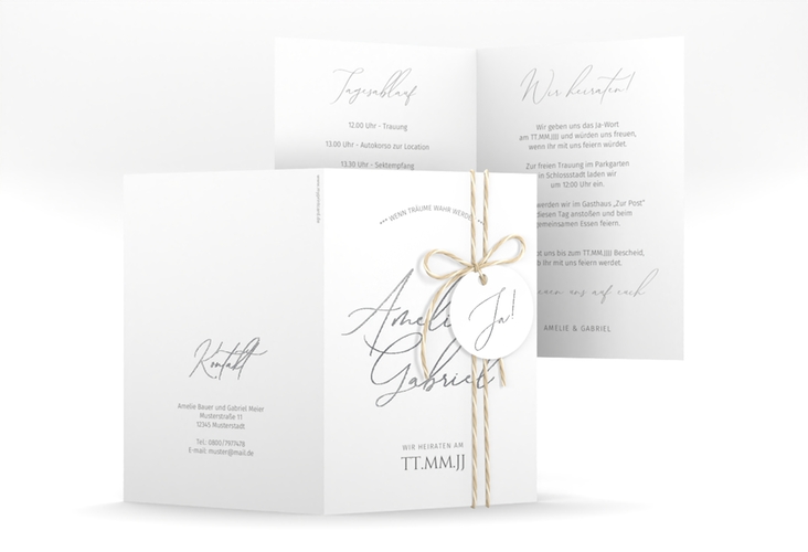 Einladungskarte Hochzeit Federschrift A6 Klappkarte hoch weiss silber in schlichtem Design mit Kalligrafie