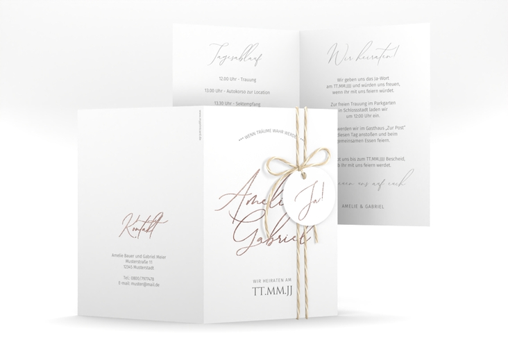 Einladungskarte Hochzeit Federschrift A6 Klappkarte hoch weiss rosegold in schlichtem Design mit Kalligrafie