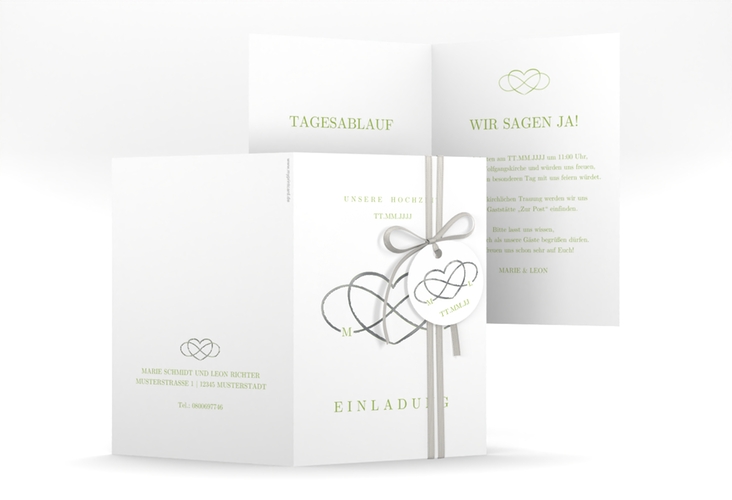 Einladungskarte Hochzeit Infinity A6 Klappkarte hoch gruen silber