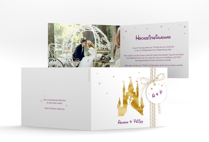 Hochzeitseinladung Castle A6 Klappkarte quer pink gold