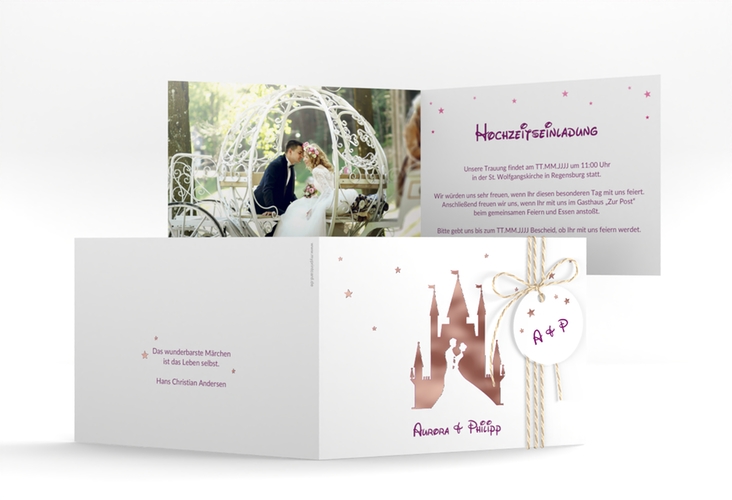 Hochzeitseinladung Castle A6 Klappkarte quer pink rosegold