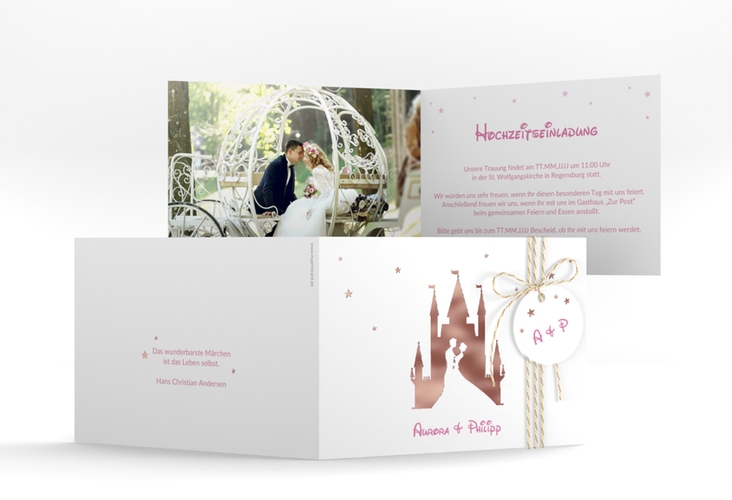 Hochzeitseinladung Castle A6 Klappkarte quer rosa rosegold