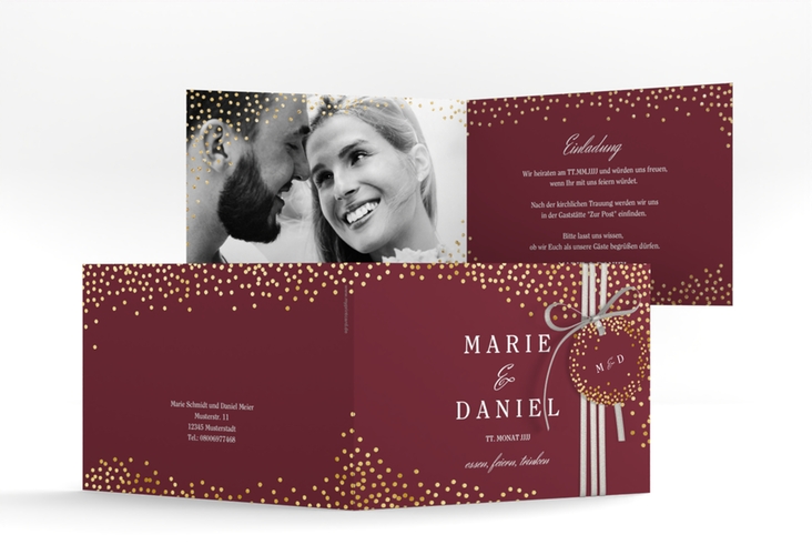 Hochzeitseinladung Glitter A6 Klappkarte quer rot gold