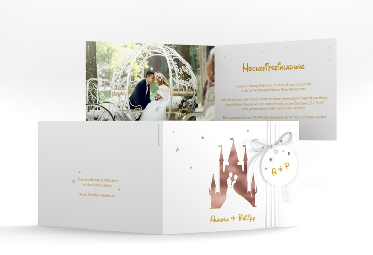 Hochzeitseinladung Castle A6 Klappkarte quer gold rosegold