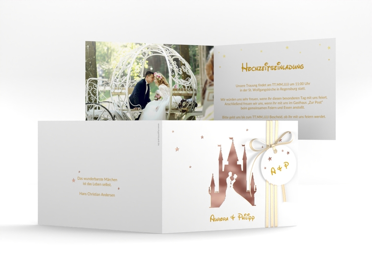 Hochzeitseinladung Castle A6 Klappkarte quer gold rosegold