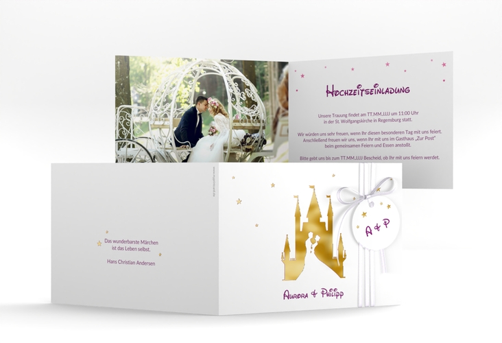 Hochzeitseinladung Castle A6 Klappkarte quer pink gold