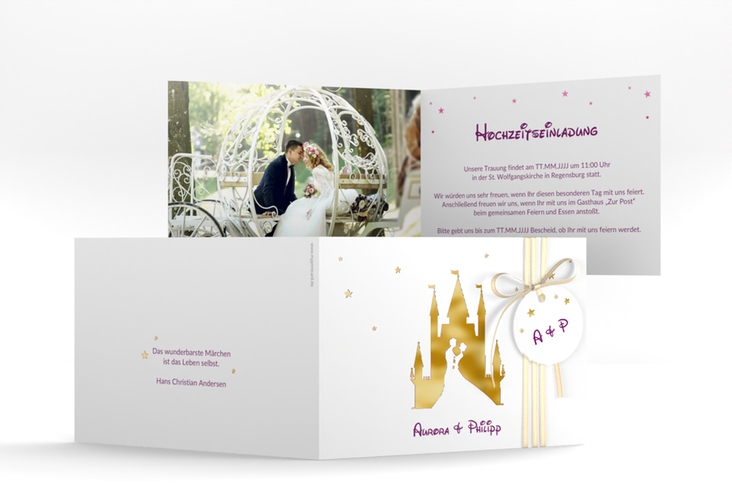 Hochzeitseinladung Castle A6 Klappkarte quer pink gold