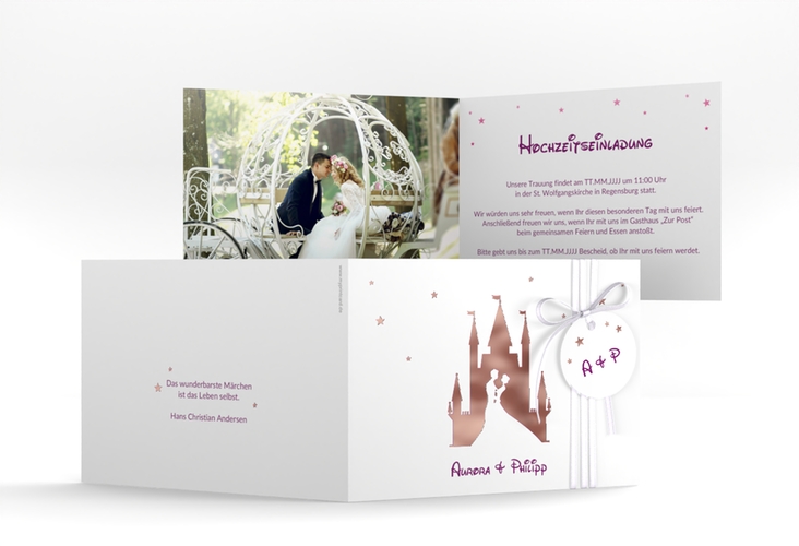 Hochzeitseinladung Castle A6 Klappkarte quer pink rosegold