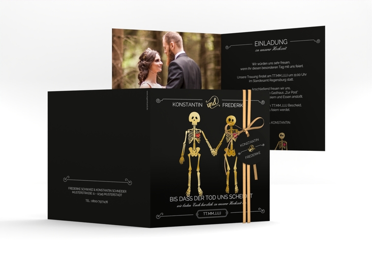 Hochzeitseinladung Bones quadr. Klappkarte schwarz gold