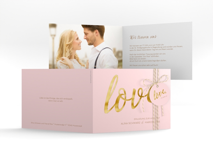 Hochzeitseinladung Glam A6 Klappkarte quer rosa gold