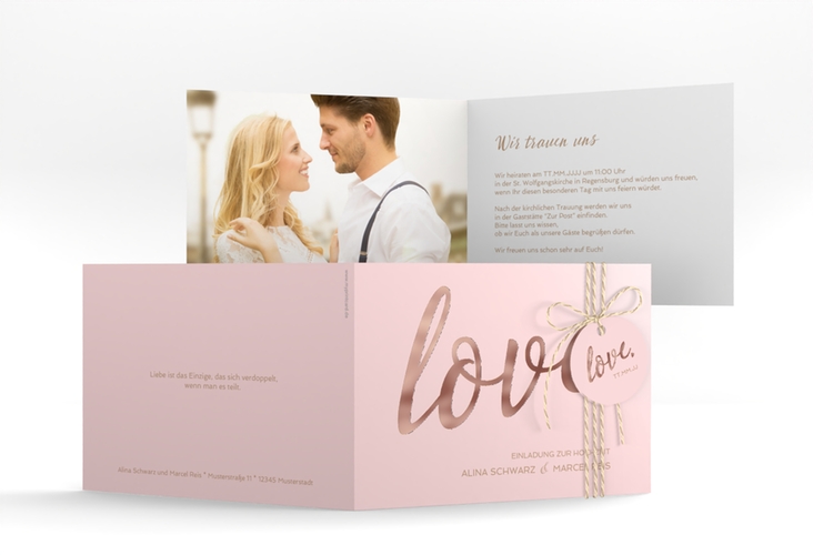 Hochzeitseinladung Glam A6 Klappkarte quer rosa rosegold