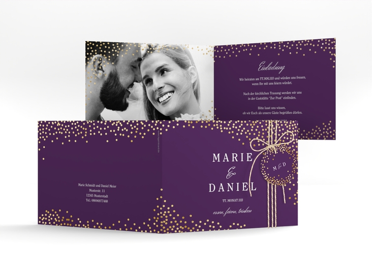 Hochzeitseinladung Glitter A6 Klappkarte quer lila gold