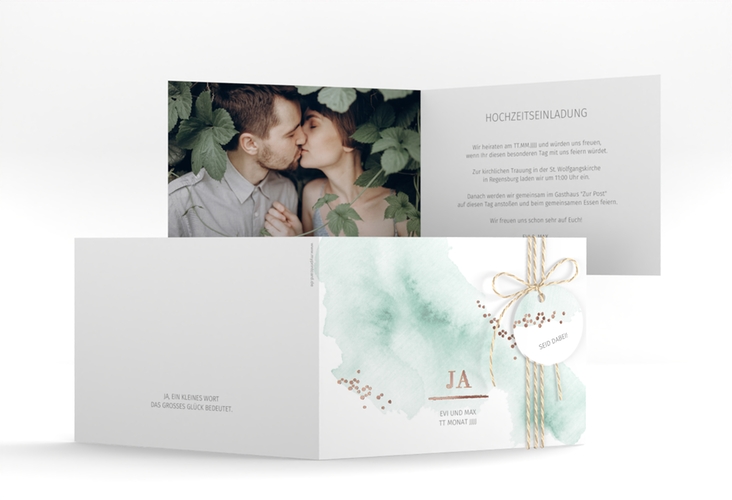 Hochzeitseinladung Pastell A6 Klappkarte quer mint rosegold