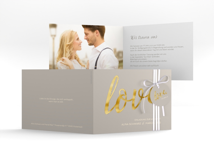 Hochzeitseinladung Glam A6 Klappkarte quer grau gold