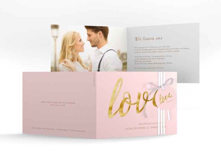 Hochzeitseinladung Glam A6 Klappkarte quer rosa gold