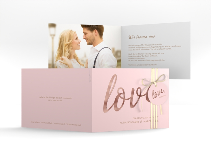 Hochzeitseinladung Glam A6 Klappkarte quer rosa rosegold