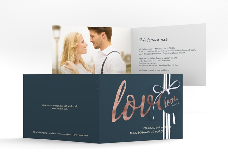 Hochzeitseinladung Glam A6 Klappkarte quer blau rosegold