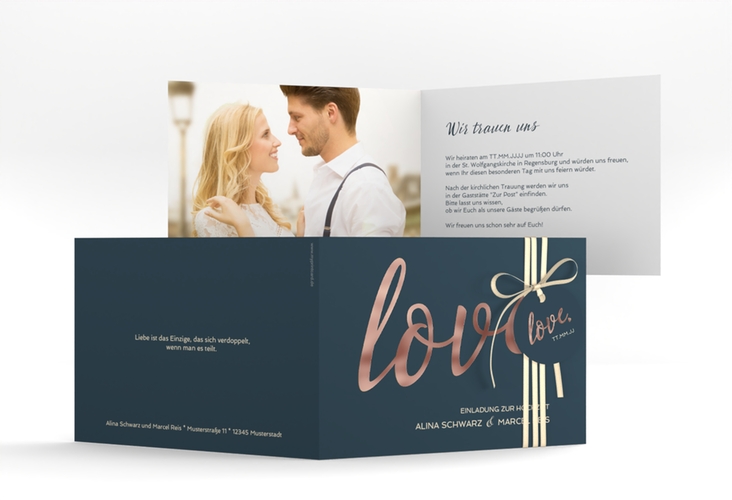 Hochzeitseinladung Glam A6 Klappkarte quer blau rosegold