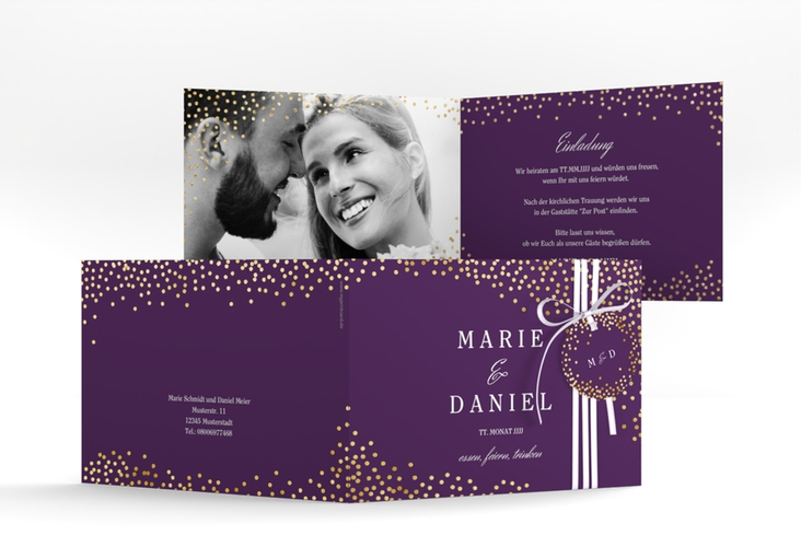 Hochzeitseinladung Glitter A6 Klappkarte quer lila gold