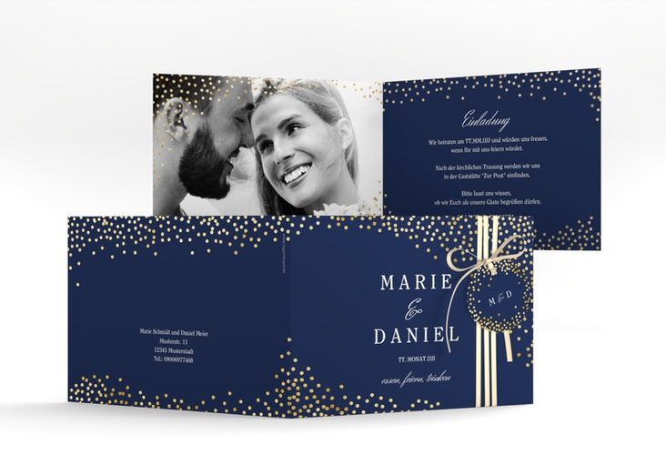 Hochzeitseinladung Glitter A6 Klappkarte quer blau gold