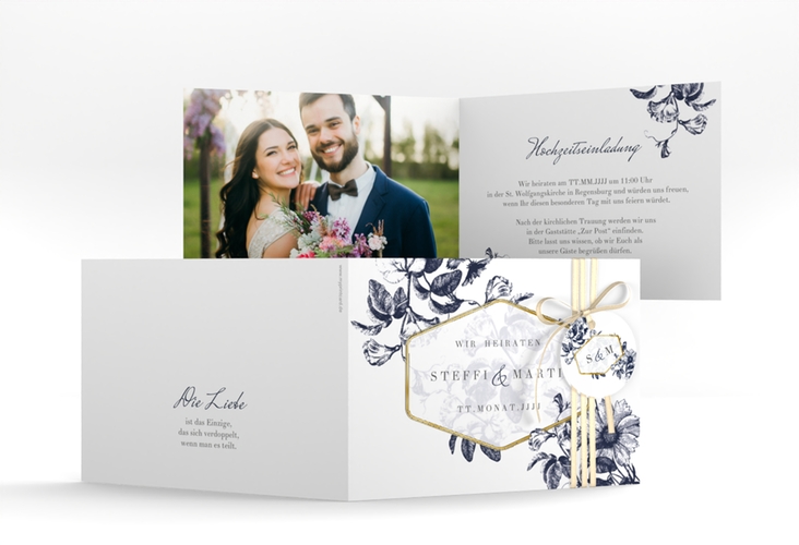 Einladungskarte Hochzeit Magnificent A6 Klappkarte quer blau gold