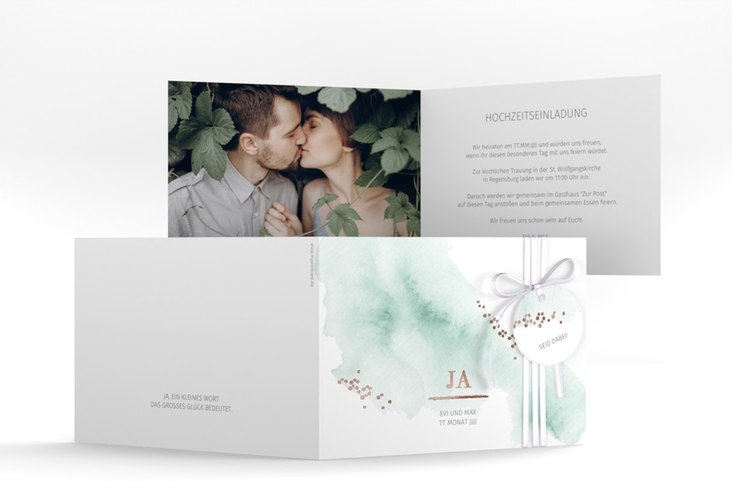 Hochzeitseinladung Pastell A6 Klappkarte quer mint rosegold