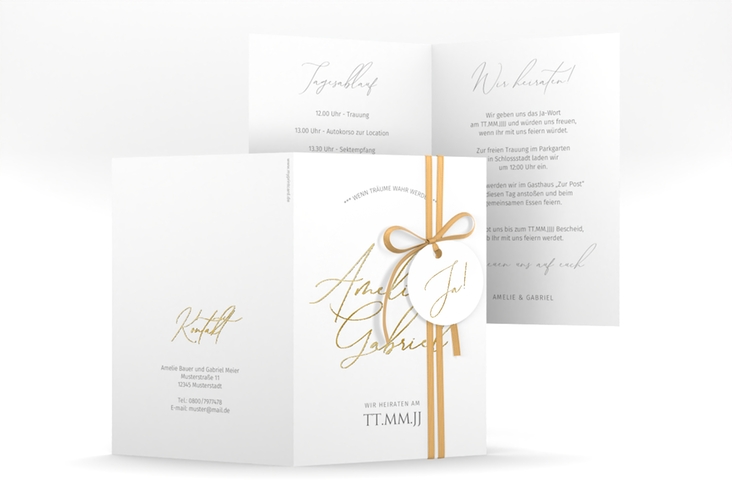 Einladungskarte Hochzeit Federschrift A6 Klappkarte hoch weiss gold in schlichtem Design mit Kalligrafie