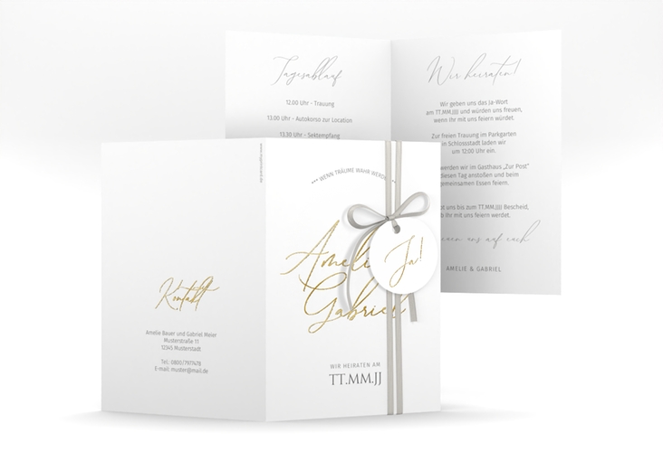 Einladungskarte Hochzeit Federschrift A6 Klappkarte hoch weiss gold in schlichtem Design mit Kalligrafie