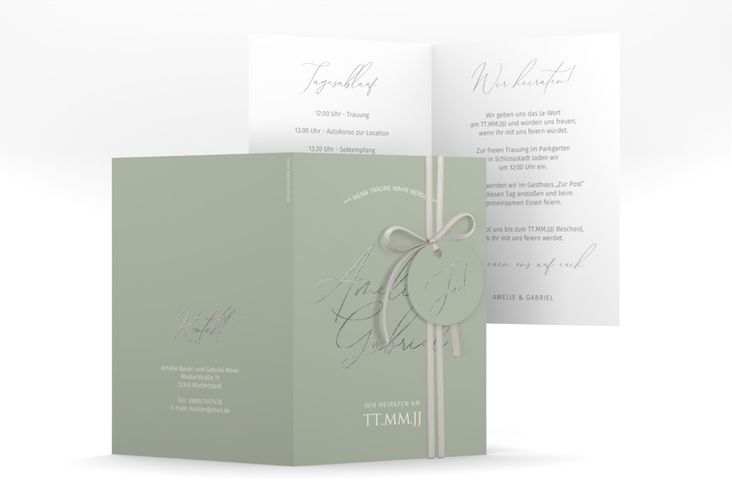 Einladungskarte Hochzeit Federschrift A6 Klappkarte hoch gruen silber in schlichtem Design mit Kalligrafie