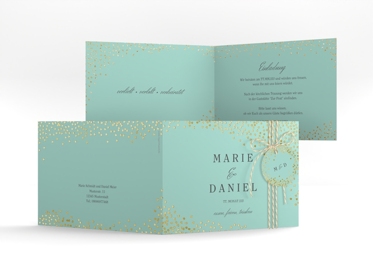 Hochzeitseinladung Glitter A6 Klappkarte quer mint gold