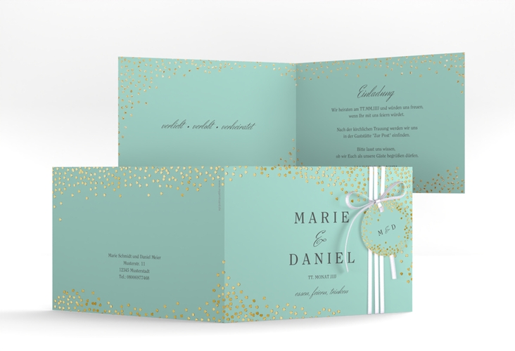 Hochzeitseinladung Glitter A6 Klappkarte quer mint gold