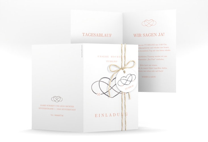 Einladungskarte Hochzeit Infinity A6 Klappkarte hoch apricot silber