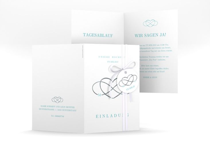 Einladungskarte Hochzeit Infinity A6 Klappkarte hoch tuerkis silber