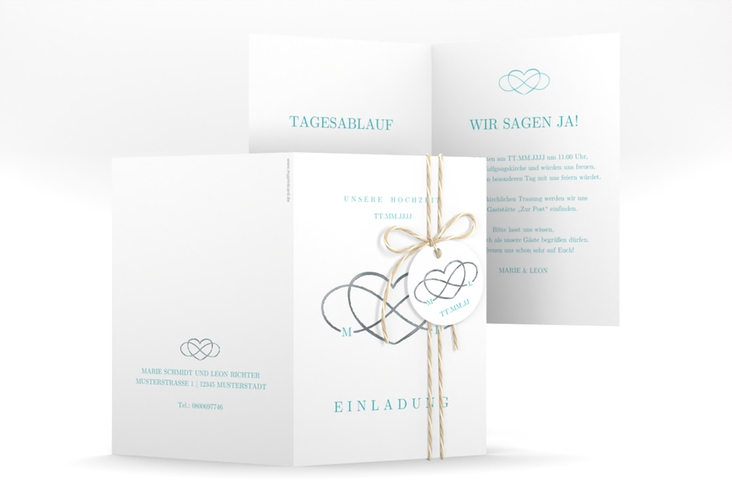 Einladungskarte Hochzeit Infinity A6 Klappkarte hoch tuerkis silber