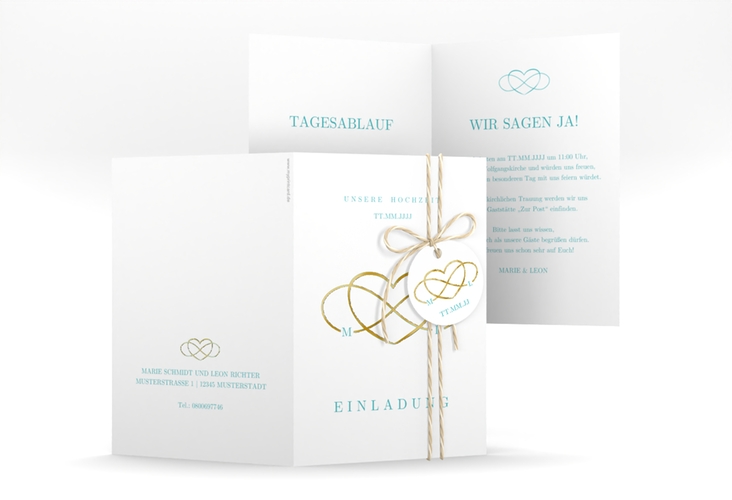 Einladungskarte Hochzeit Infinity A6 Klappkarte hoch tuerkis gold