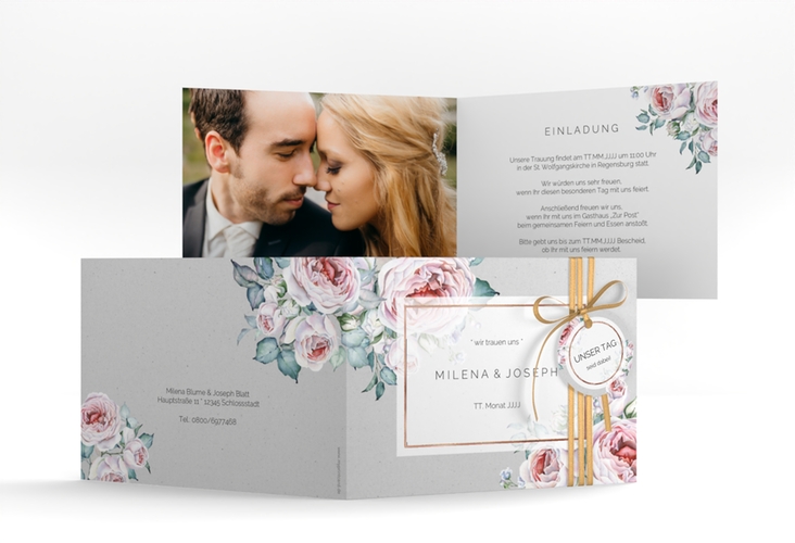 Hochzeitseinladung Embrace A6 Klappkarte quer grau rosegold