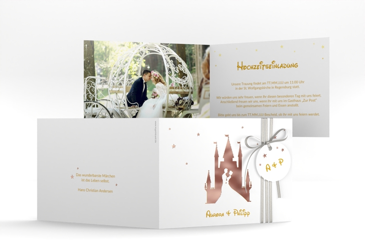 Hochzeitseinladung Castle A6 Klappkarte quer gold rosegold