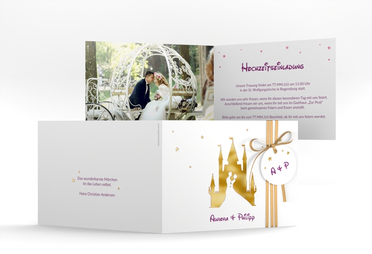 Hochzeitseinladung Castle A6 Klappkarte quer pink gold