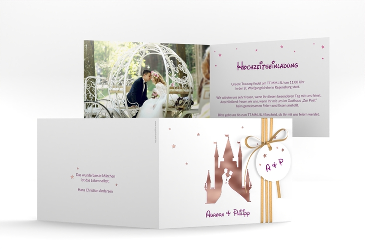 Hochzeitseinladung Castle A6 Klappkarte quer pink rosegold