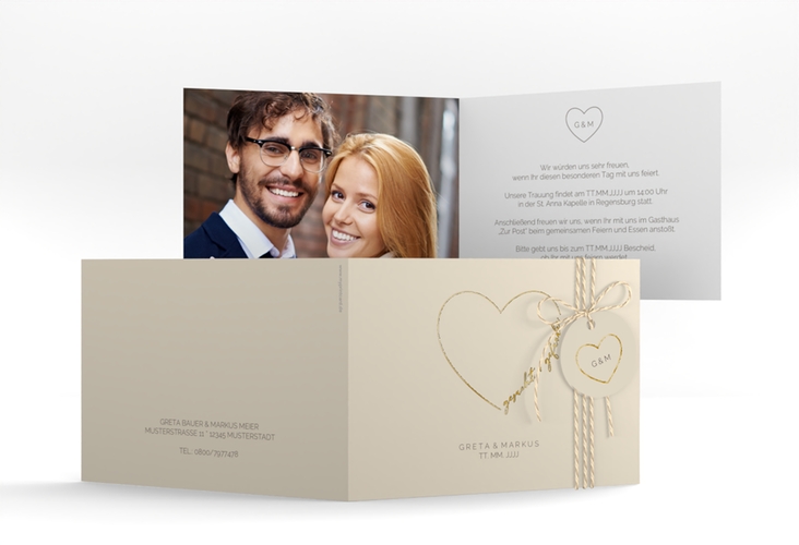 Hochzeitseinladung Lebenstraum A6 Klappkarte quer beige gold